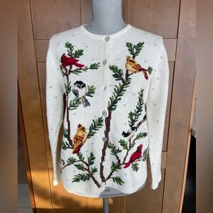 Vintage Northern Isles Cream Bird Embroidered Festive Cardigan Sweater, Small